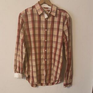 Men's Plaid Button-Down Shirt in Red and Tan